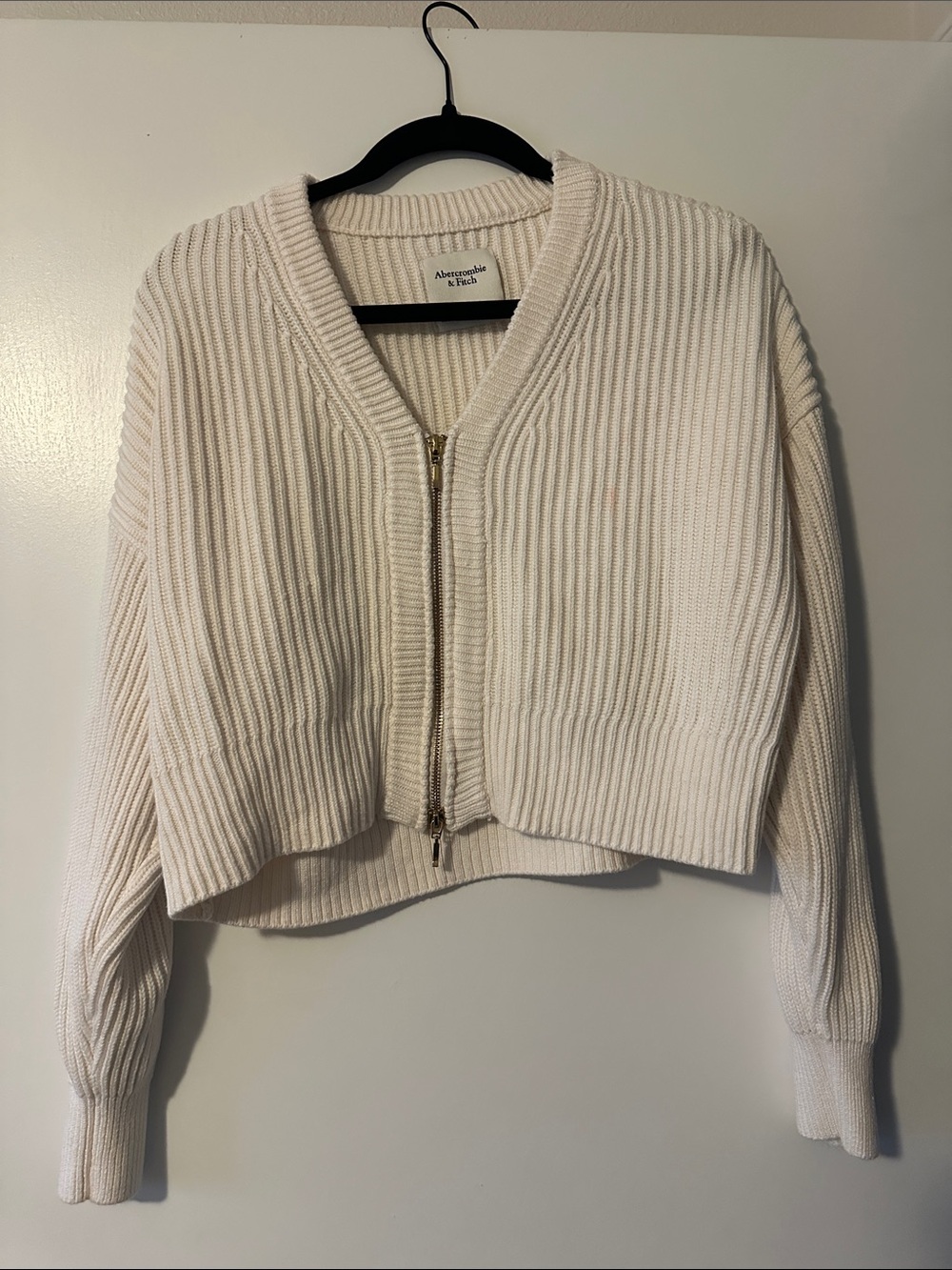 Abercrombie & Fitch Cream Cropped Ribbed Zip-Front Sweater